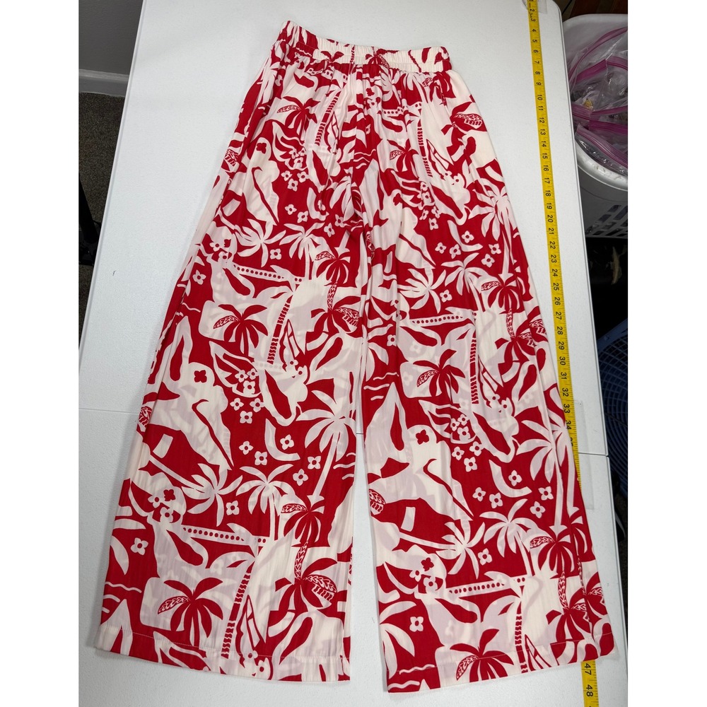 Rose+Olive Resortwear Set Women S Red White Tropical Beaded Cami Wide Leg Pants - Picture 6 of 12